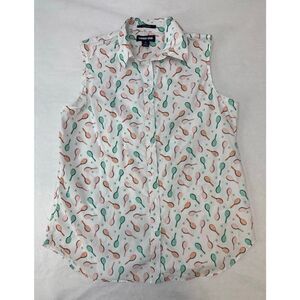 Tennis Racket Print Land’s End Sleeveless Button Shirt Supima Cotton - Size 12